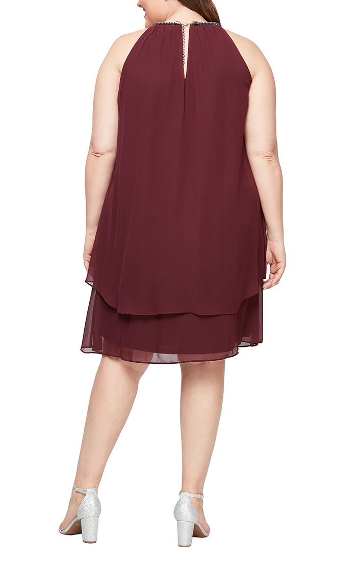Plus Split Front Chiffon Dress with Bead Cord Necklace