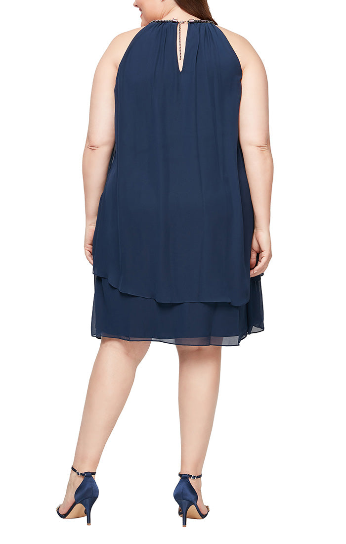 Plus Split Front Chiffon Dress with Bead Cord Necklace