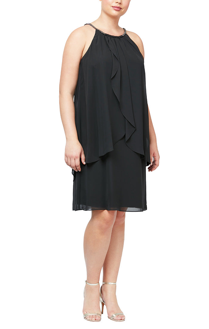 Plus Split Front Chiffon Dress with Bead Cord Necklace