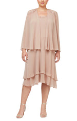 Plus Chiffon Jacket Dress with Beaded Shoulder Detail & Tiered Skirt