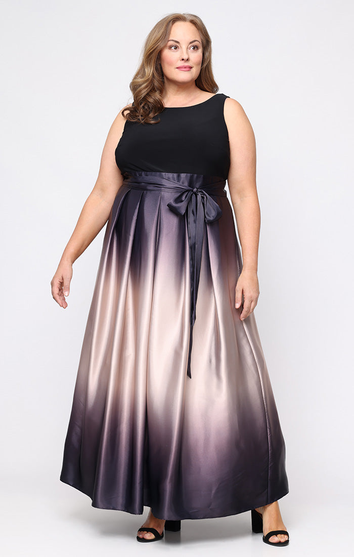Sleeveless Gown with Satin Ombre Skirt & Tie Belt