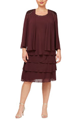 Plus Chiffon Tiered Jacket Dress with Beaded Shoulder Detail