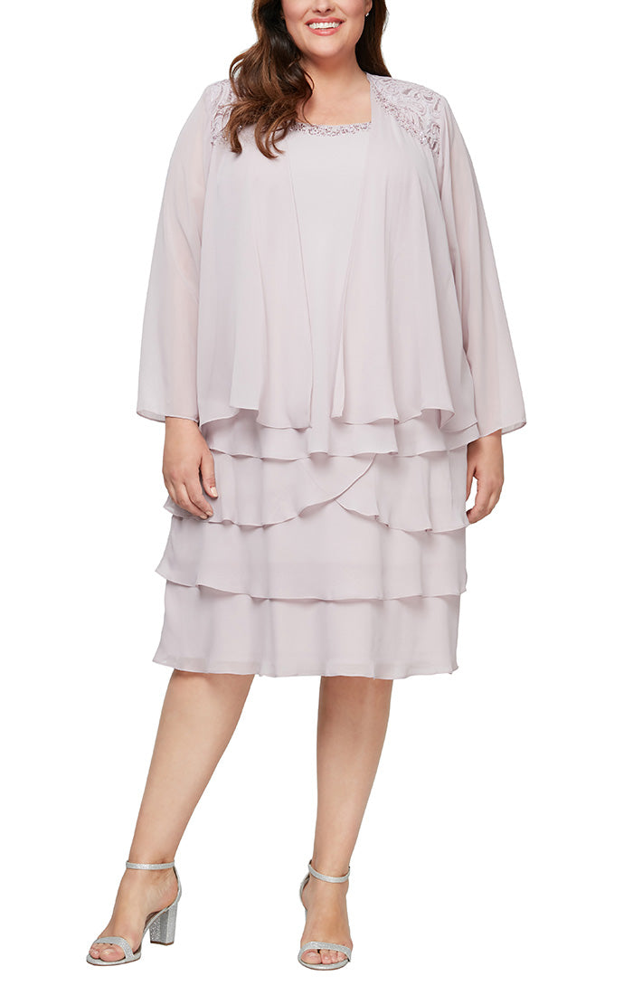 Plus Chiffon Tiered Jacket Dress with Beaded Shoulder Detail