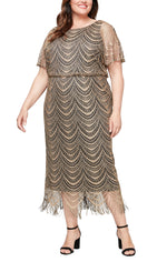 Plus Metallic Crochet Blouson Dress with Fringe Trim