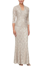 Plus Long Fit and Flare Sequin Lace Dress with Scoop Neckline and Scallop Detail Open Jacket