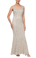 Plus Long Fit and Flare Sequin Lace Dress with Scoop Neckline and Scallop Detail Open Jacket