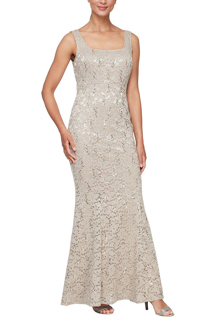 Plus Long Fit and Flare Sequin Lace Dress with Scoop Neckline and Scallop Detail Open Jacket