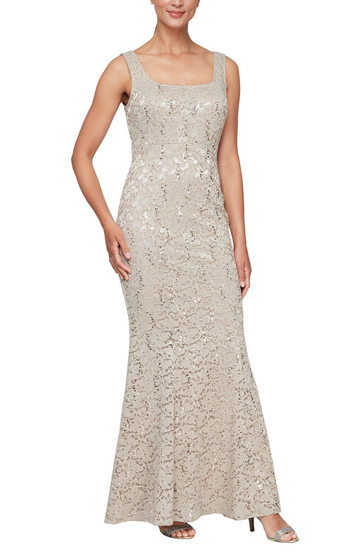 Petite Long Fit and Flare Sequin Lace Dress with Scoop Neckline and Scallop Detail Open Jacket