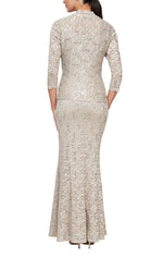 Petite Long Fit and Flare Sequin Lace Dress with Scoop Neckline and Scallop Detail Open Jacket