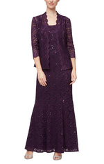 Petite Long Fit and Flare Sequin Lace Dress with Scoop Neckline and Scallop Detail Open Jacket