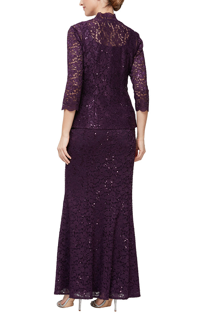 Petite Long Fit and Flare Sequin Lace Dress with Scoop Neckline and Scallop Detail Open Jacket