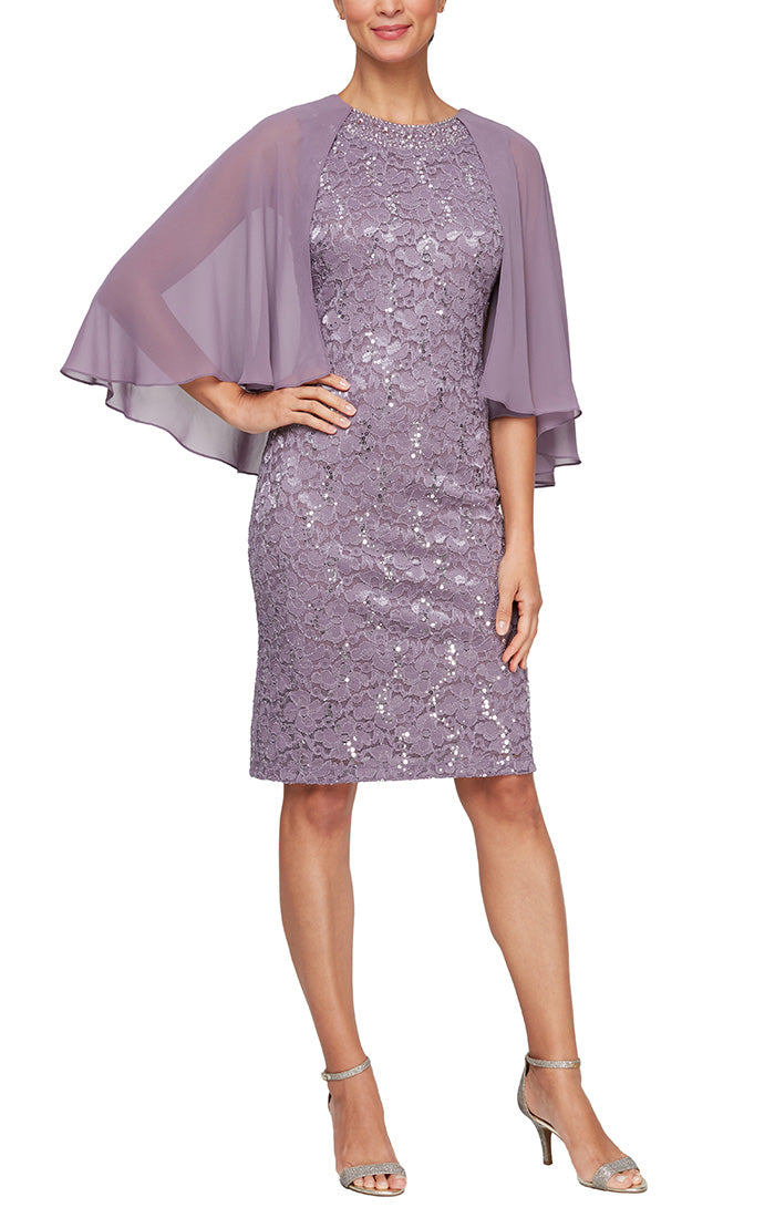 Sheath Dress with Beaded Illusion Neckline and Capelet Sleeves