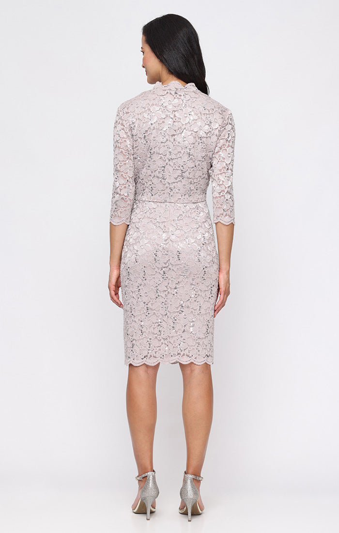 Short V-Neck Sheath Dress With Bolero Jacket and Scallop Detail Short V-Neck Sheath Dress With Bolero Jacket and Scallop Detail