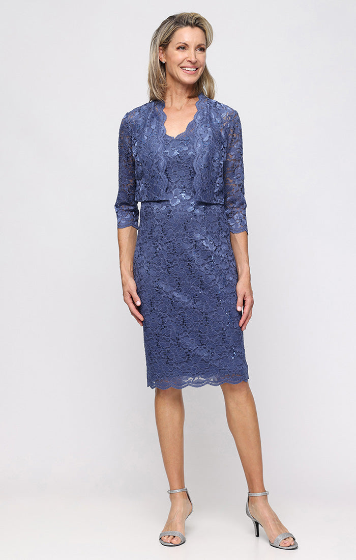 Regular - Short V-Neck Sheath Dress With Bolero Jacket and Scallop Det S.L. Fashions Regular - Short V-Neck Sheath Dress With Bolero Jacket and Scallop Det S.L. Fashions