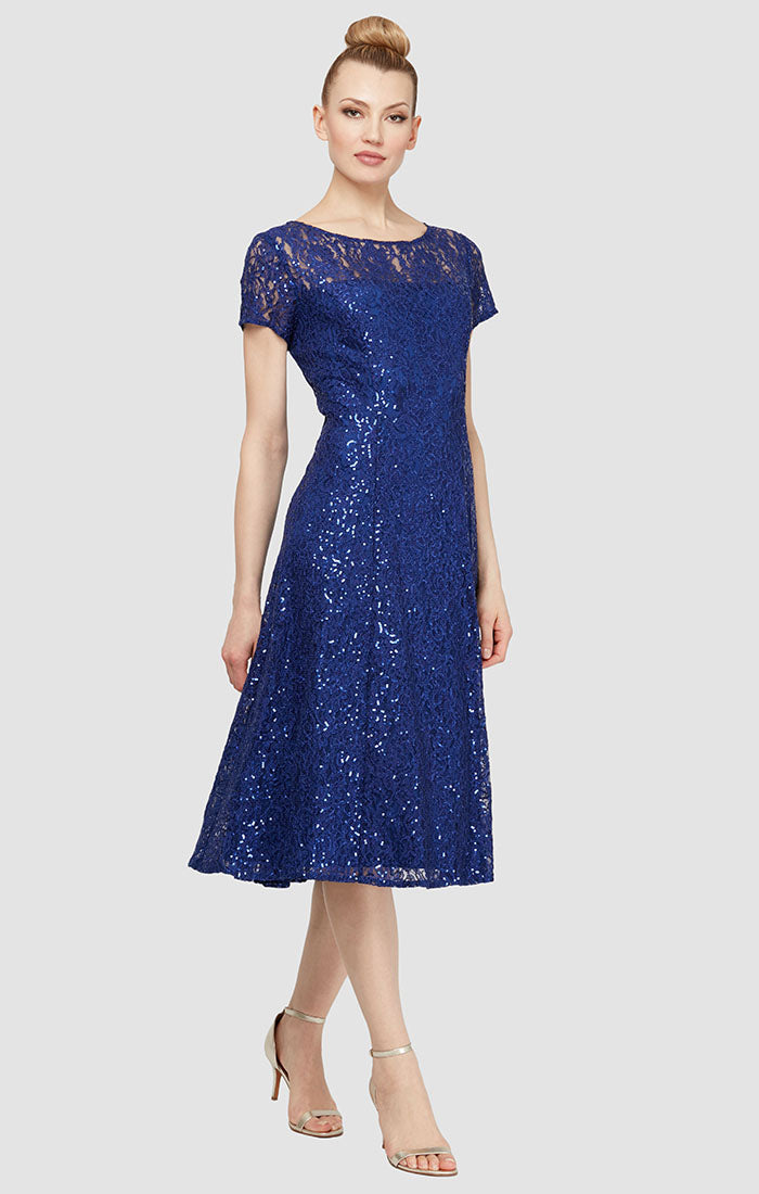 Petite Cap Sleeve Tea-Length Lace Party Dress