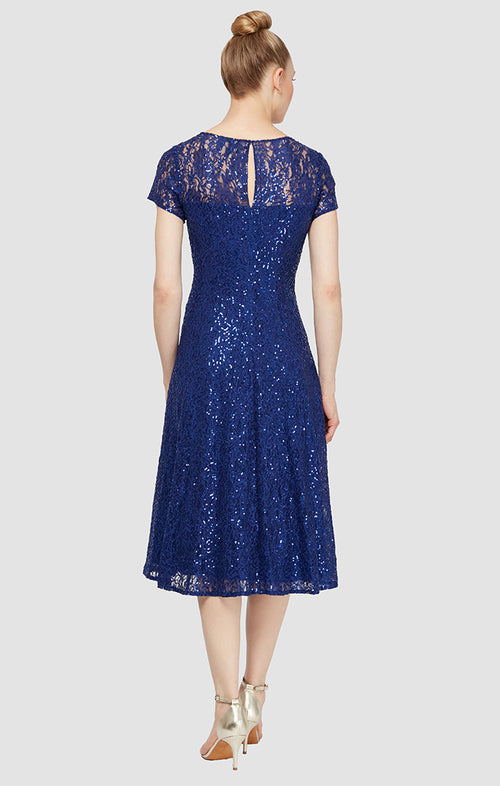 Cap Sleeve Tea-Length Sequin Party Dress