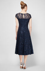 Tea Length Sequin Lace Party Dress with Cap Sleeves