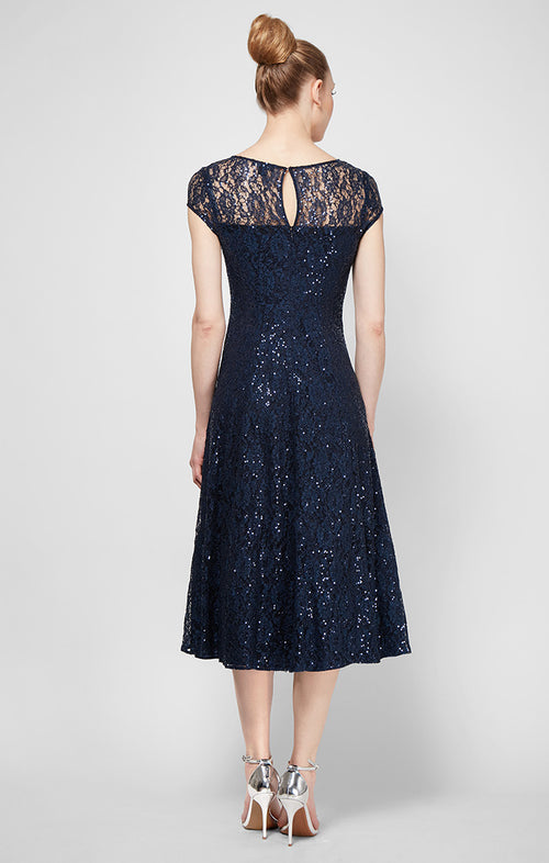 Tea Length Sequin Lace Party Dress with Cap Sleeves