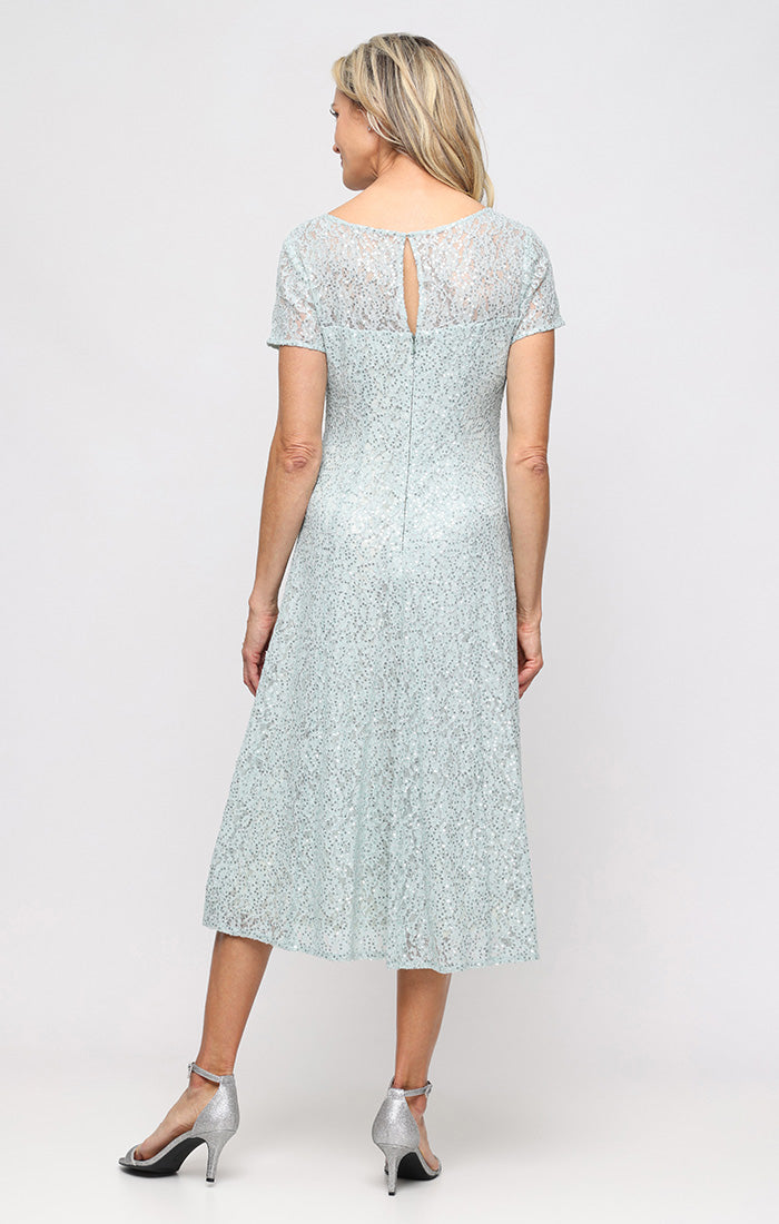 Cap Sleeve Tea Length Sequin Lace Dress