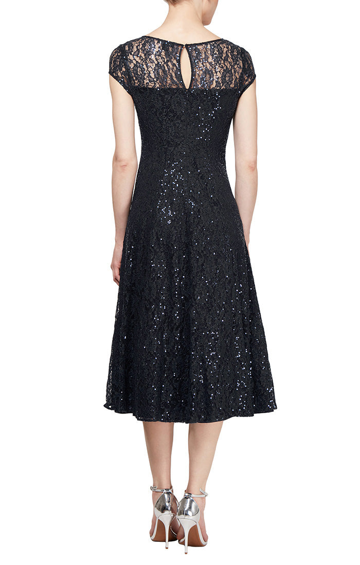 Petite Cap Sleeve Tea-Length Lace Party Dress