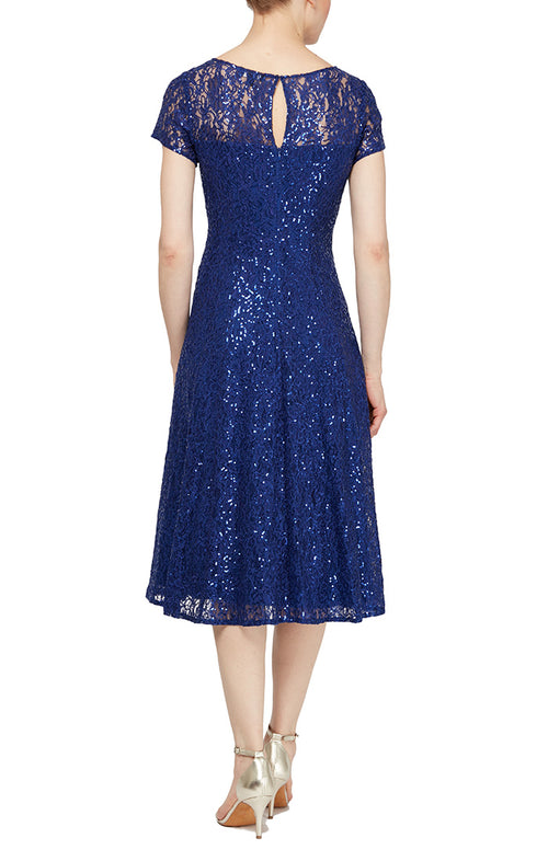 Cap Sleeve Tea-Length Sequin Party Dress