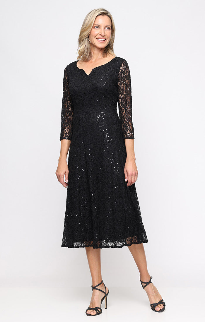 3/4 Sleeve Sweetheart Neckline Tea Length Sequin Lace Dress