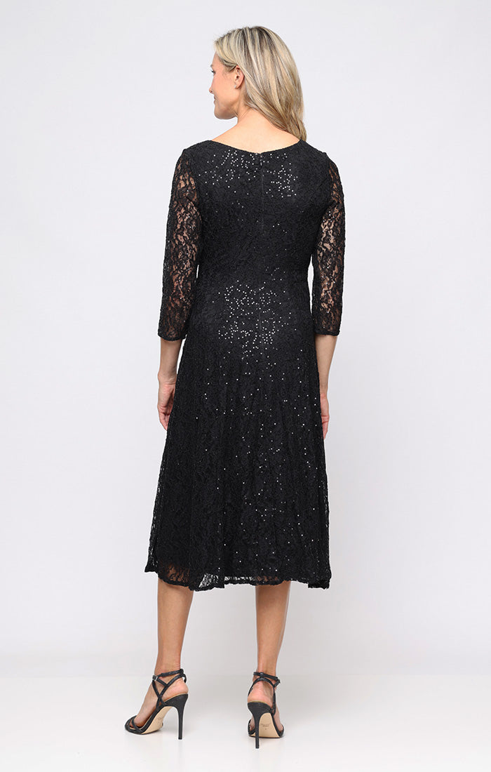 3/4 Sleeve Sweetheart Neckline Tea Length Sequin Lace Dress