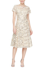 Petite Tea Length Embroidered A-Line Dress With Illusion Neckline, Cap Sleeves and Sequin Detail