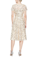 Petite Tea Length Embroidered A-Line Dress With Illusion Neckline, Cap Sleeves and Sequin Detail