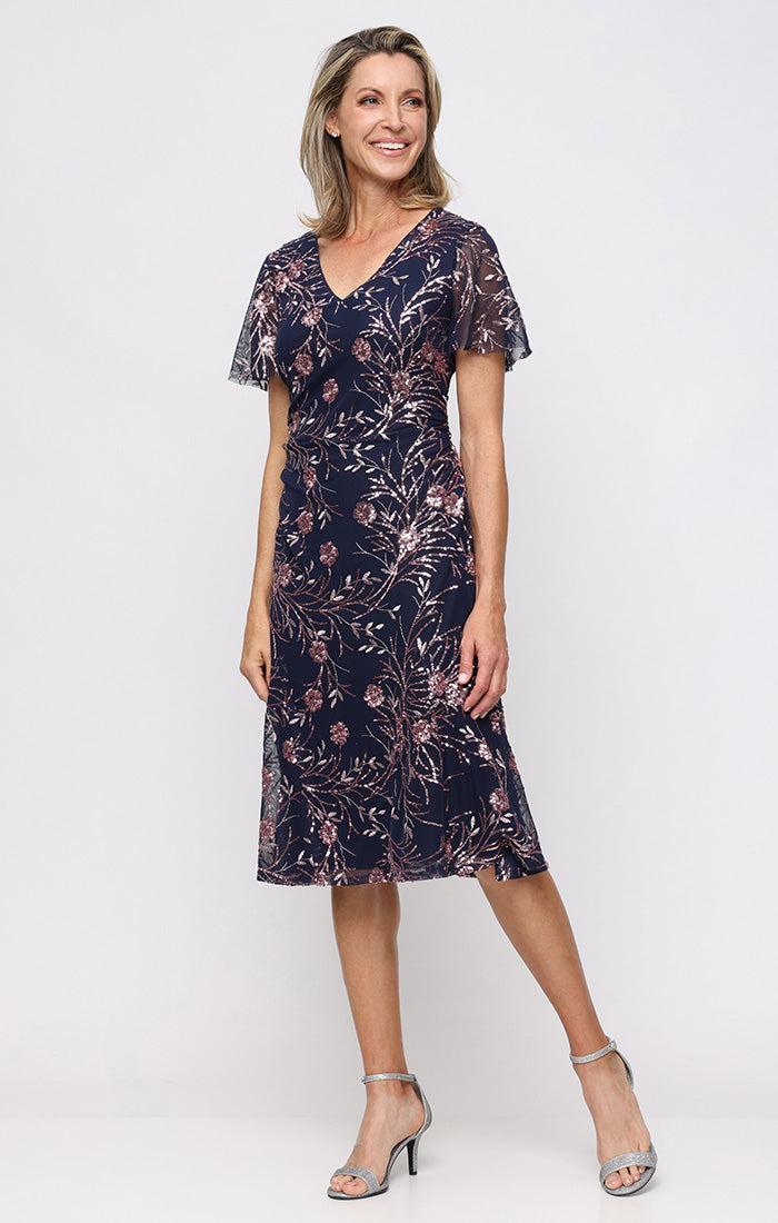 Sl Fashions Petite V-Neck Floral Sequin A-Line Dress - Navy Blush