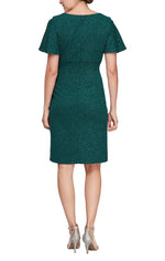 Metallic Knit Sheath Dress with Short Flutter Sleeves