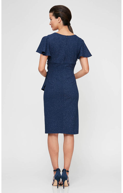 Metallic Knit Sheath Dress with Short Flutter Sleeves
