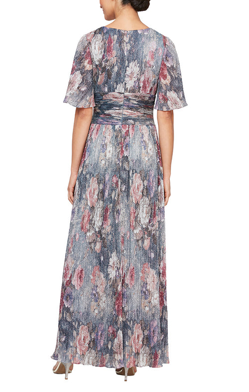 A-Line Floral Metallic Knit Dress with Flutter Sleeves and Ruched Waist