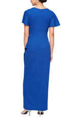 Empire Waist Metallic Knit Dress with Surplice Neckline, Flutter Sleeves, Embellishment Detail at Hip and Cascade Skirt