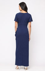 Long Empire Waist Dress with Surplice Neckline, Flutter Sleeves, Embellishment Detail at Hip and Cascade Skirt