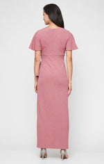 Empire Waist Metallic Knit Dress with Surplice Neckline, Flutter Sleeves, Embellishment Detail at Hip and Cascade Skirt