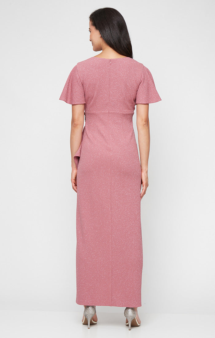 Empire Waist Metallic Knit Dress with Surplice Neckline, Flutter Sleeves, Embellishment Detail at Hip and Cascade Skirt Empire Waist Metallic Knit Dress with Surplice Neckline, Flutter Sleeves, Embellishment Detail at Hip and Cascade Skirt