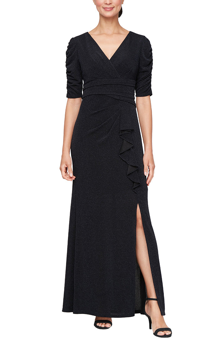 Long Metallic Knit Surplice Dress with Ruched Elbow Sleeves and Cascade Detail Skirt