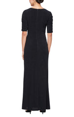 Long Metallic Knit Surplice Dress with Ruched Elbow Sleeves and Cascade Detail Skirt