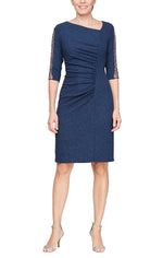 Petite Midi Metallic Knit Sheath Dress with L-Neckline and Embellished Illusion Panel Sleeves