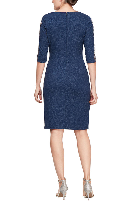 Midi Metallic Knit Sheath Dress with L-Neckline and Embellished Illusion Panel Sleeves