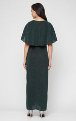 Long Metallic Knit Dress with Surplice Neckline, Ruched Waist and Capelet Sleeves