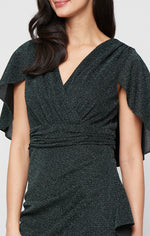 Long Metallic Knit Dress with Surplice Neckline, Ruched Waist and Capelet Sleeves