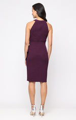 Short Glitter Knit Sheath Dress with Embellished Halter Neck Dress and Cascade Detail Skirt