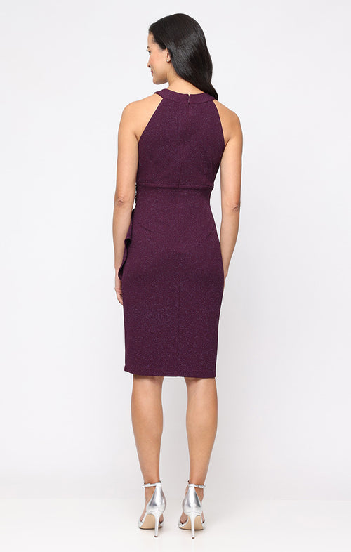 Short Glitter Knit Sheath Dress with Embellished Halter Neck Dress and Cascade Detail Skirt