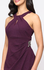 Short Glitter Knit Sheath Dress with Embellished Halter Neck Dress and Cascade Detail Skirt