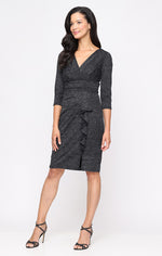 Short Metallic Knit Sheath Dress with Surplice Neckline and Cascade Detail Skirt