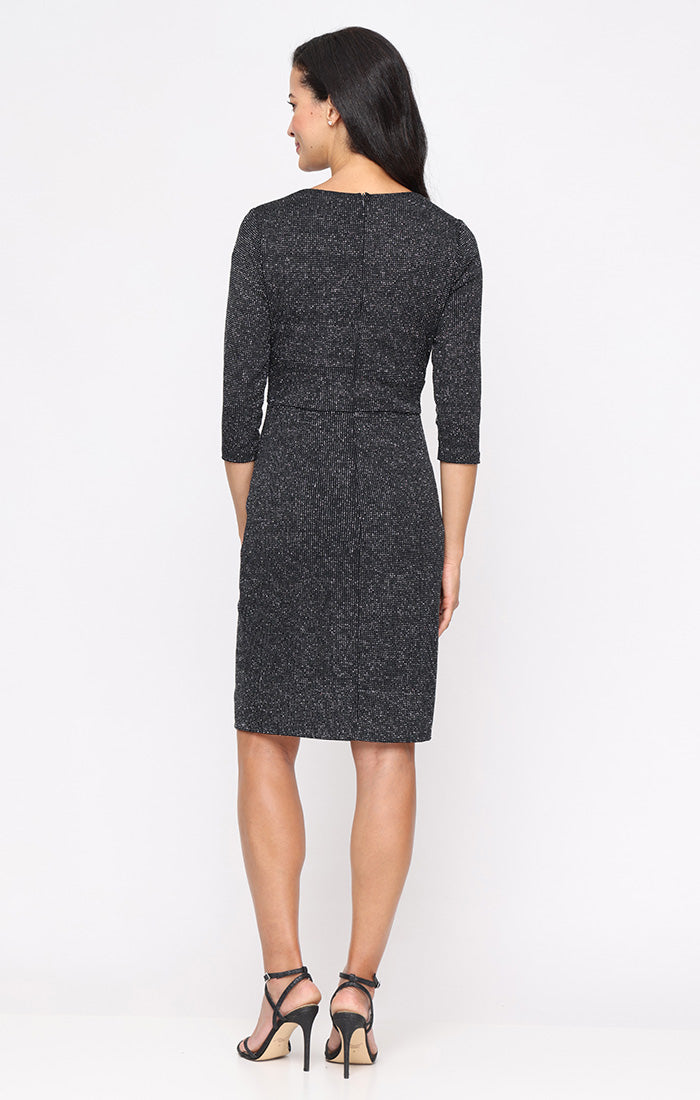 Short Metallic Knit Sheath Dress with Surplice Neckline and Cascade Detail Skirt