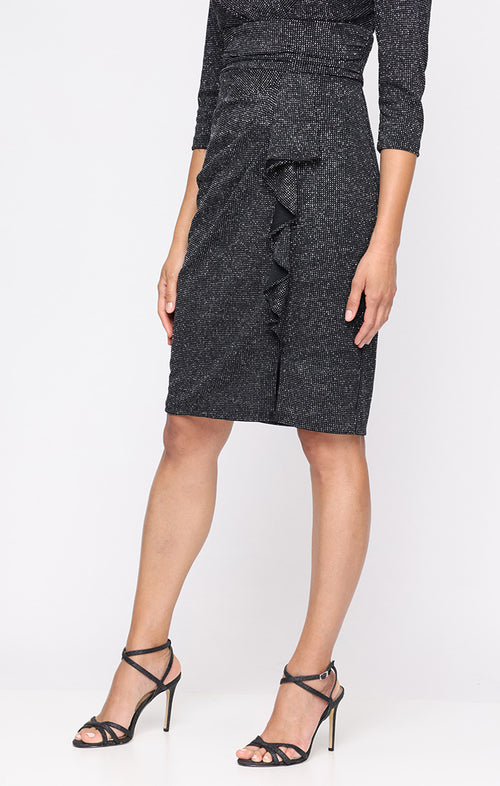 Short Metallic Knit Sheath Dress with Surplice Neckline and Cascade Detail Skirt