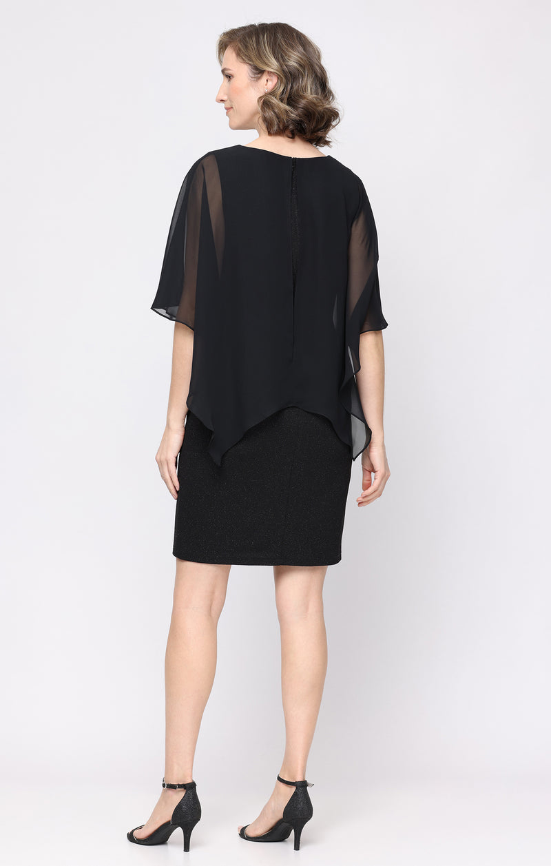 Short Glitter Knit Sheath V-Neck Dress with Cascade Chiffon Overlay Bodice and Embellished